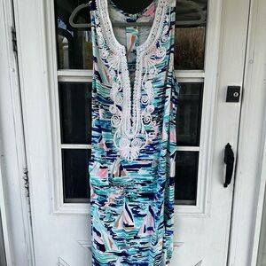 Sleeveless Embroidered Nautical Print Dress - Blue Multi